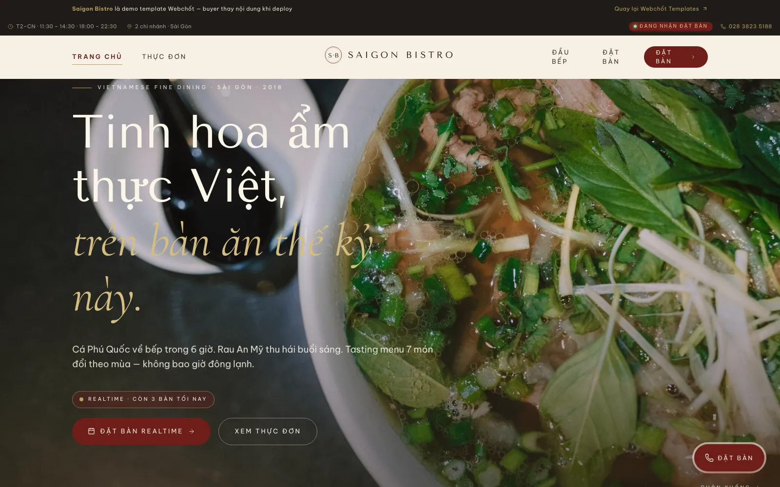 Giao diện mẫu web nhà hàng có đặt bàn