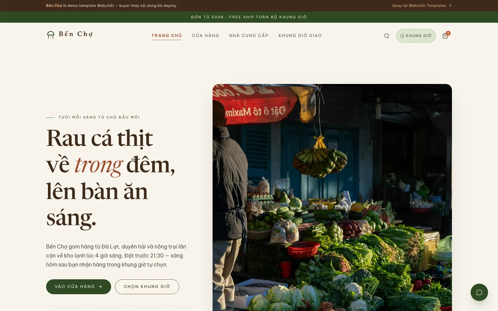 Ảnh chụp mẫu web bán hàng Bến Chợ — Thực phẩm tươi — ngành Grocery · giao tận nhà